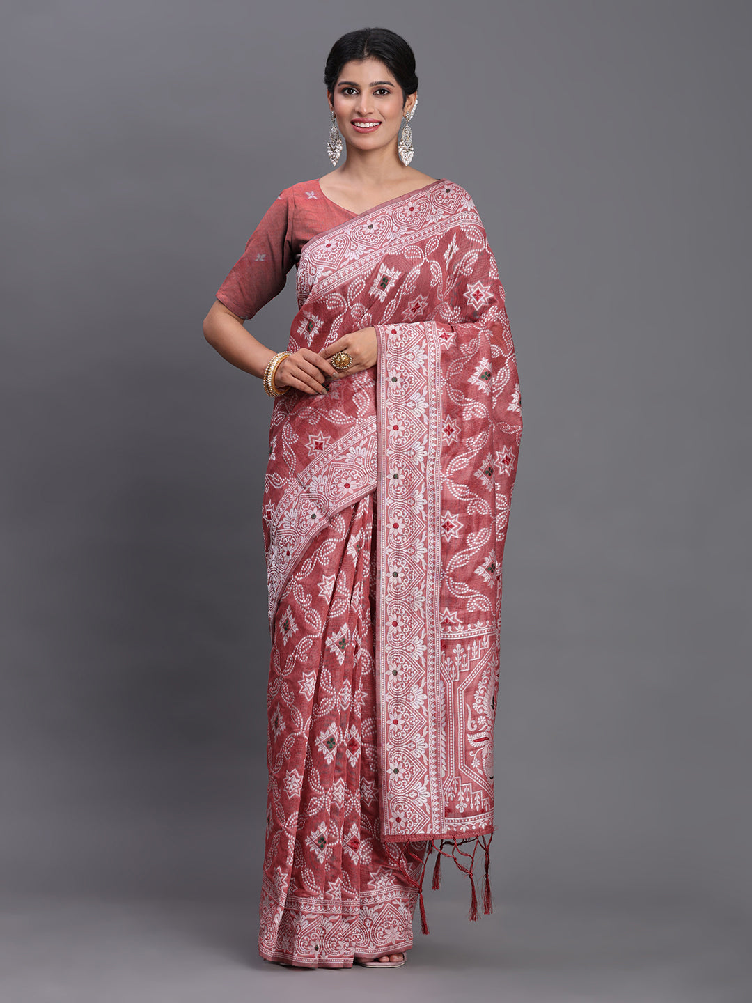 Peach Woven Jacquard Cotton Linen Saree with Intricate Traditional Motifs & Designer Tassel Pallu