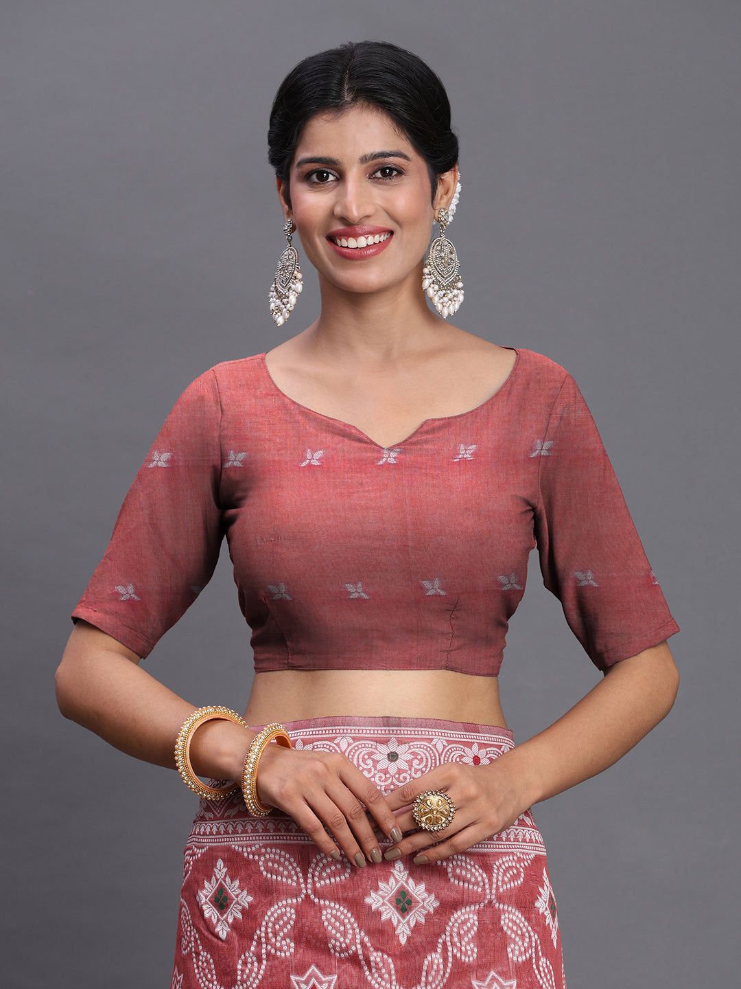 Peach Woven Jacquard Cotton Linen Saree with Intricate Traditional Motifs & Designer Tassel Pallu