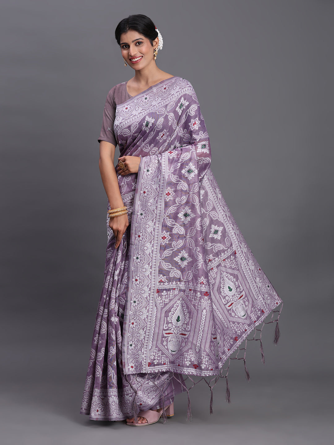 Violet Woven Jacquard Cotton Linen Saree with Intricate Traditional Motifs & Designer Tassel Pallu