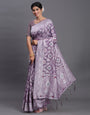 Violet Woven Jacquard Cotton Linen Saree with Intricate Traditional Motifs & Designer Tassel Pallu