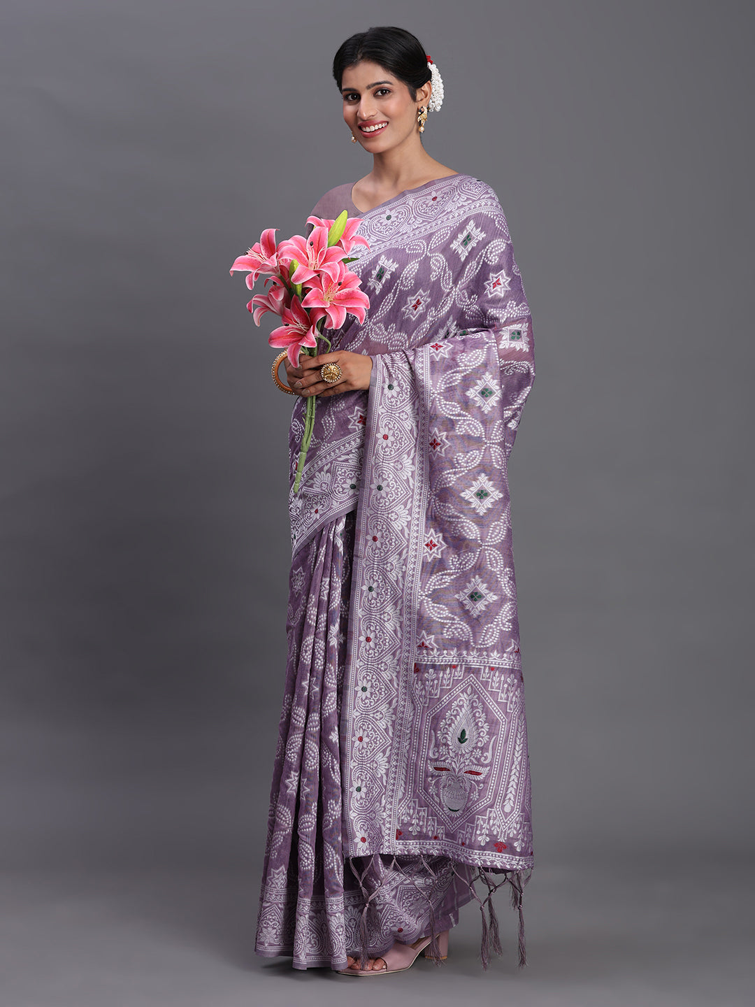 Violet Woven Jacquard Cotton Linen Saree with Intricate Traditional Motifs & Designer Tassel Pallu
