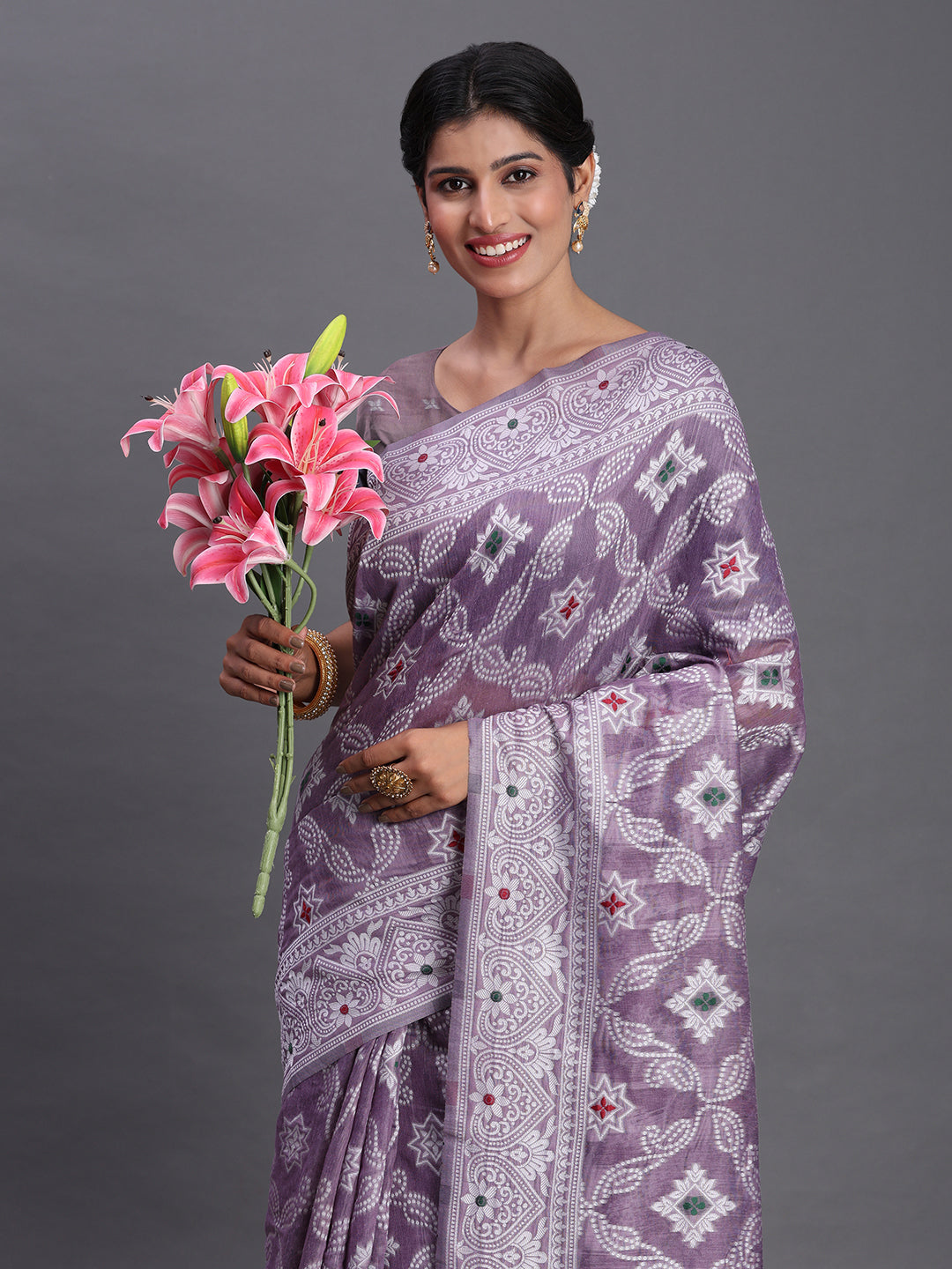 Violet Woven Jacquard Cotton Linen Saree with Intricate Traditional Motifs & Designer Tassel Pallu