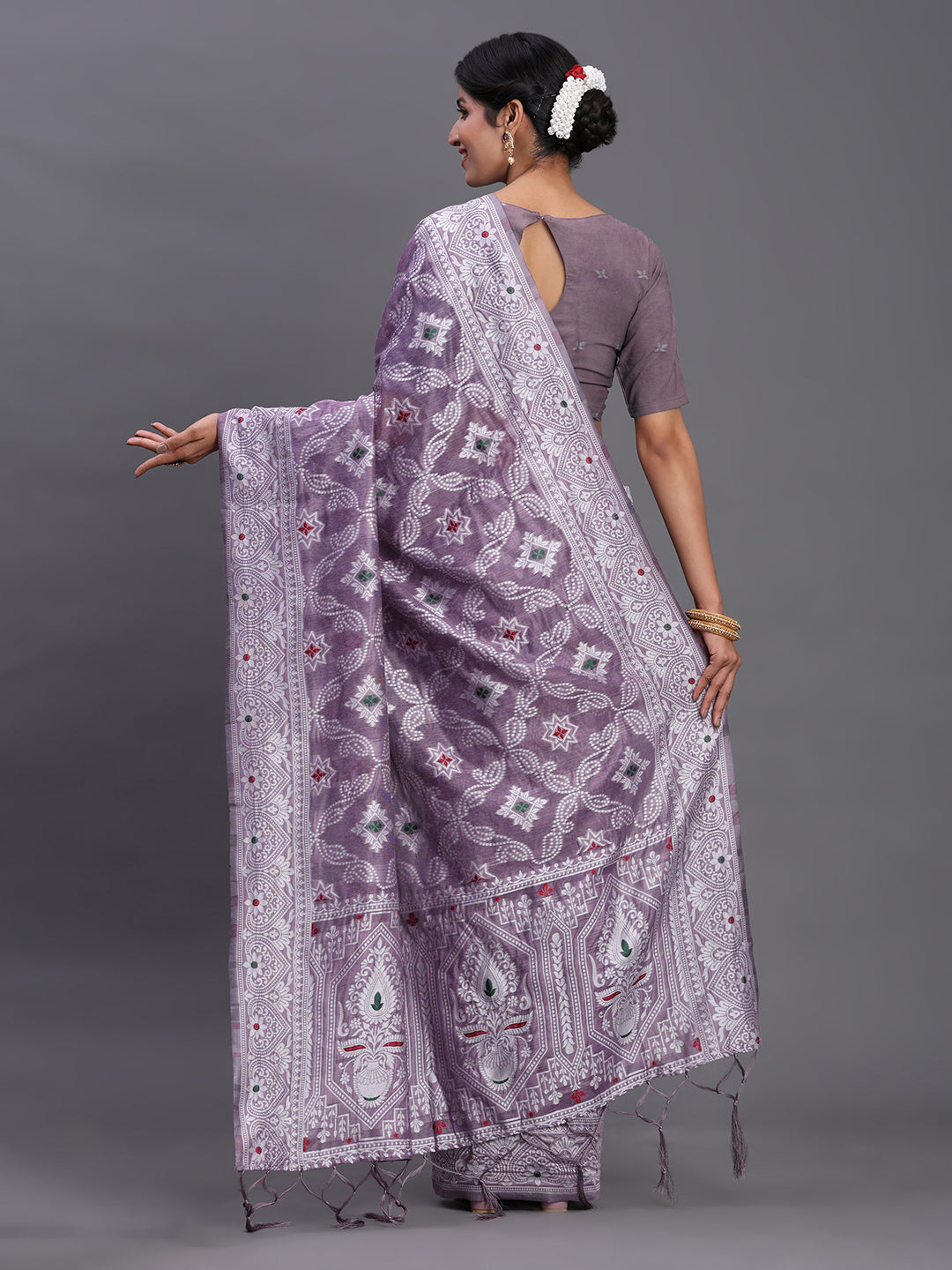 Violet Woven Jacquard Cotton Linen Saree with Intricate Traditional Motifs & Designer Tassel Pallu