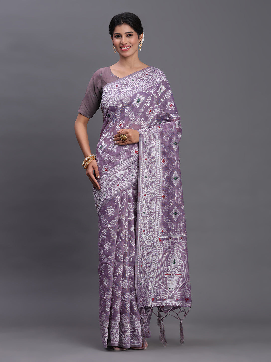 Violet Woven Jacquard Cotton Linen Saree with Intricate Traditional Motifs & Designer Tassel Pallu