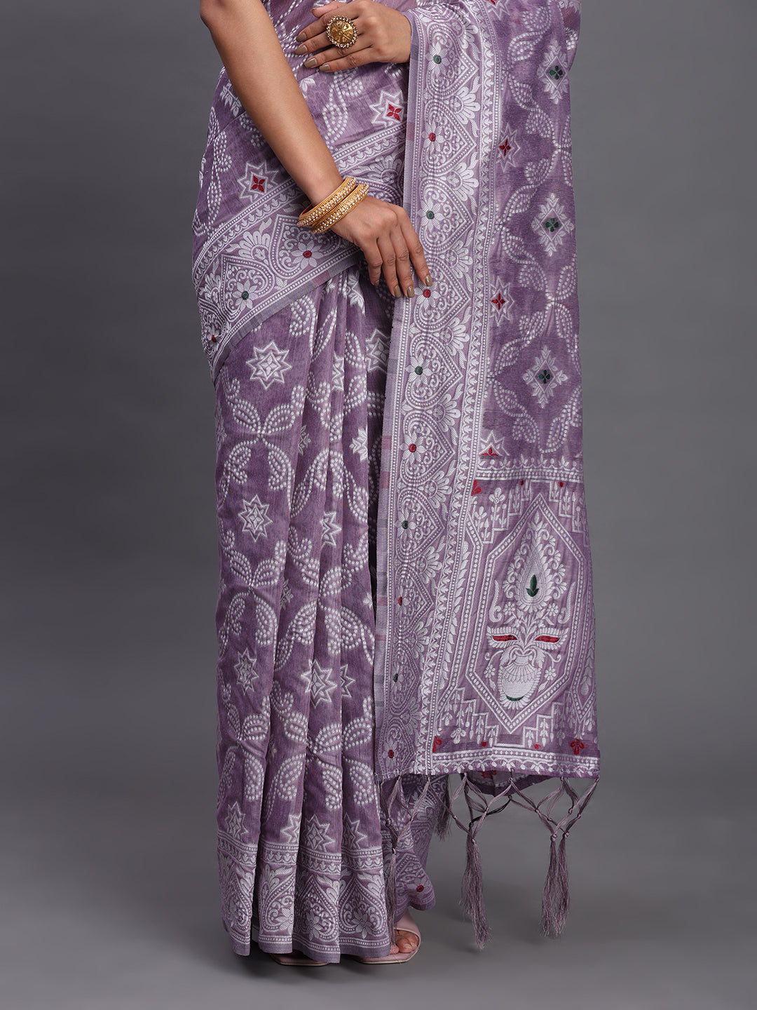 Violet Woven Jacquard Cotton Linen Saree with Intricate Traditional Motifs & Designer Tassel Pallu