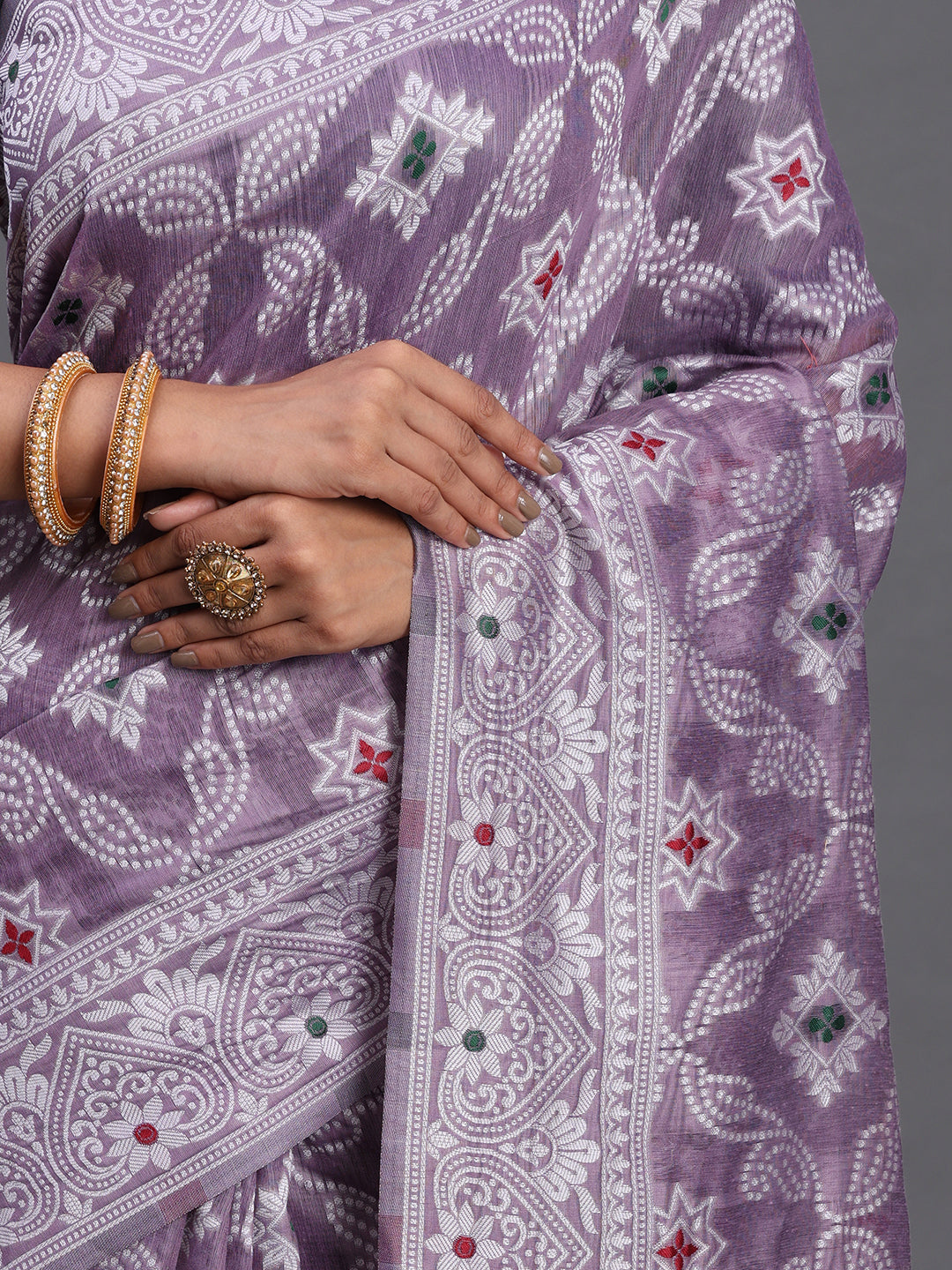 Violet Woven Jacquard Cotton Linen Saree with Intricate Traditional Motifs & Designer Tassel Pallu