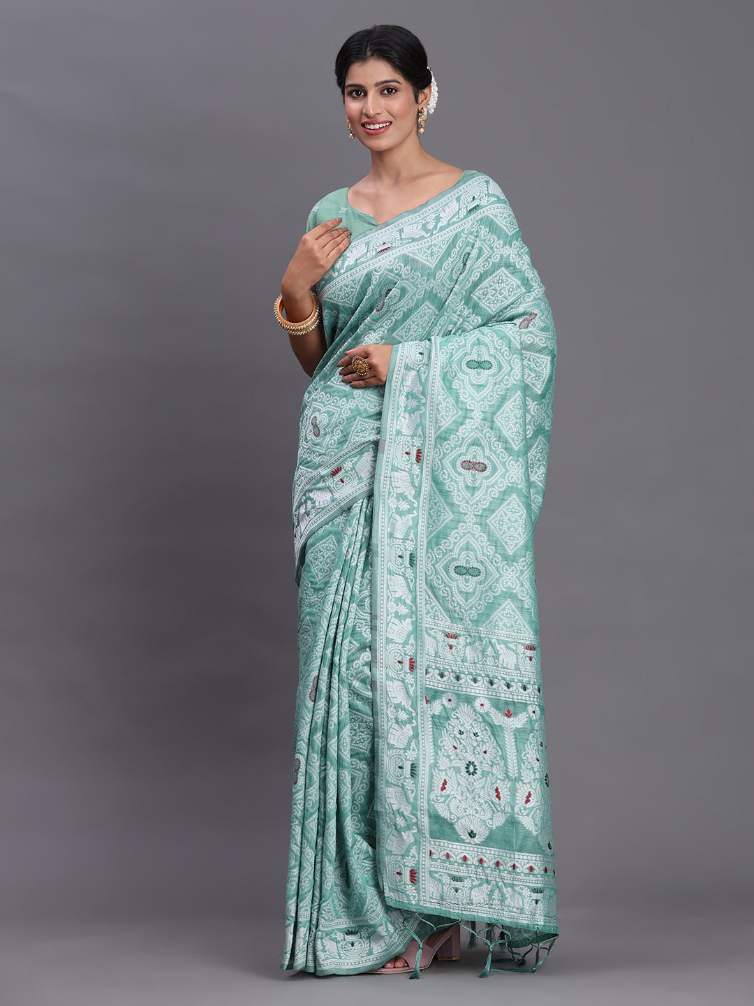 Sea Green Woven Jacquard Cotton Linen Saree with Intricate Traditional Motifs & Designer Tassel Pallu (Copy)