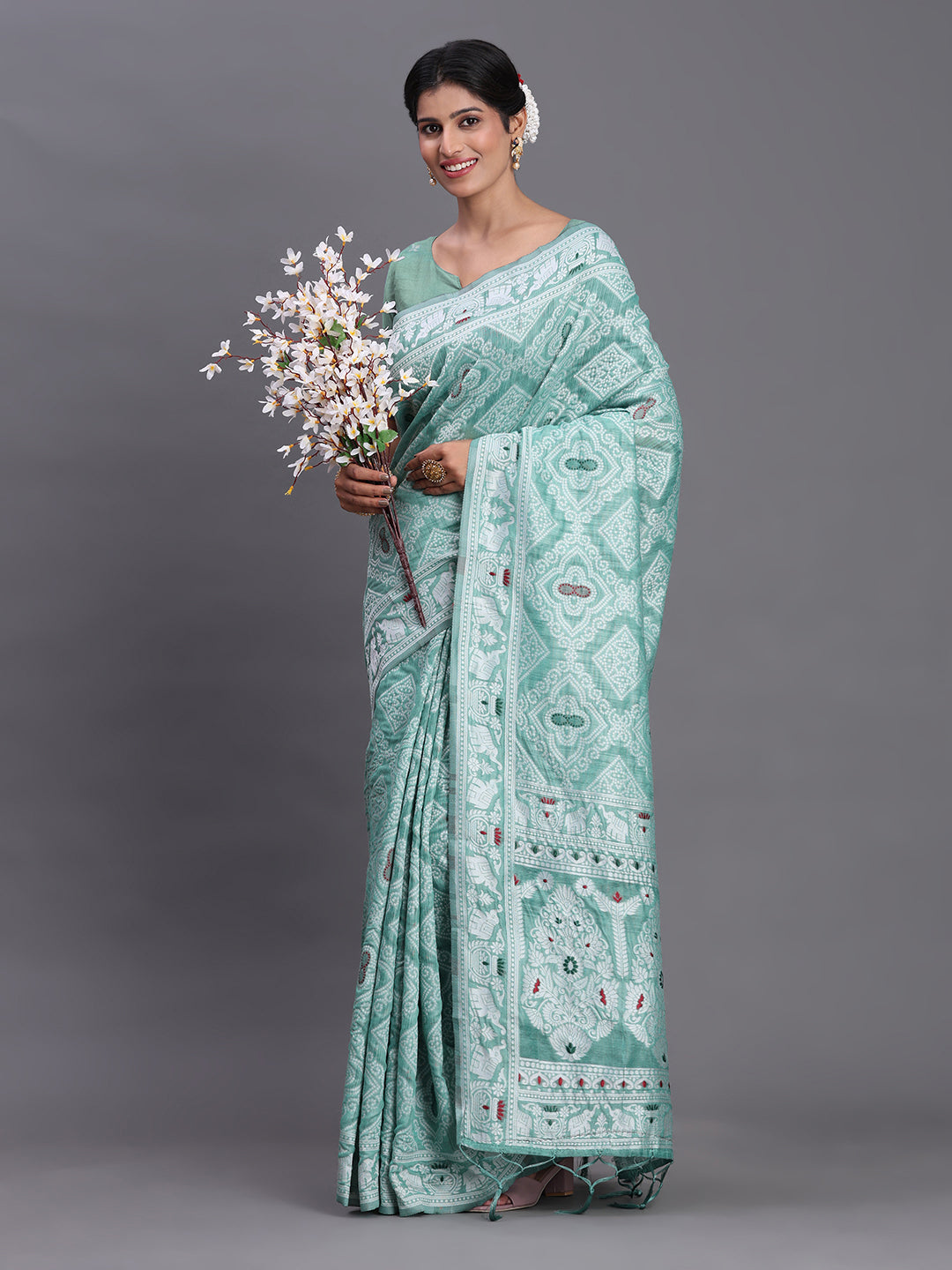 Sea Green Woven Jacquard Cotton Linen Saree with Intricate Traditional Motifs & Designer Tassel Pallu (Copy)
