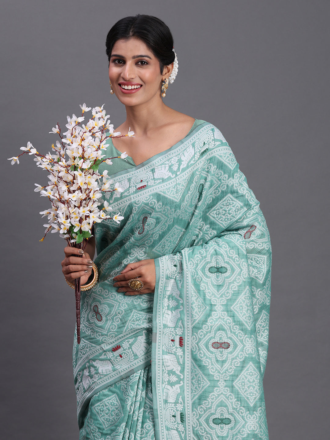 Sea Green Woven Jacquard Cotton Linen Saree with Intricate Traditional Motifs & Designer Tassel Pallu (Copy)