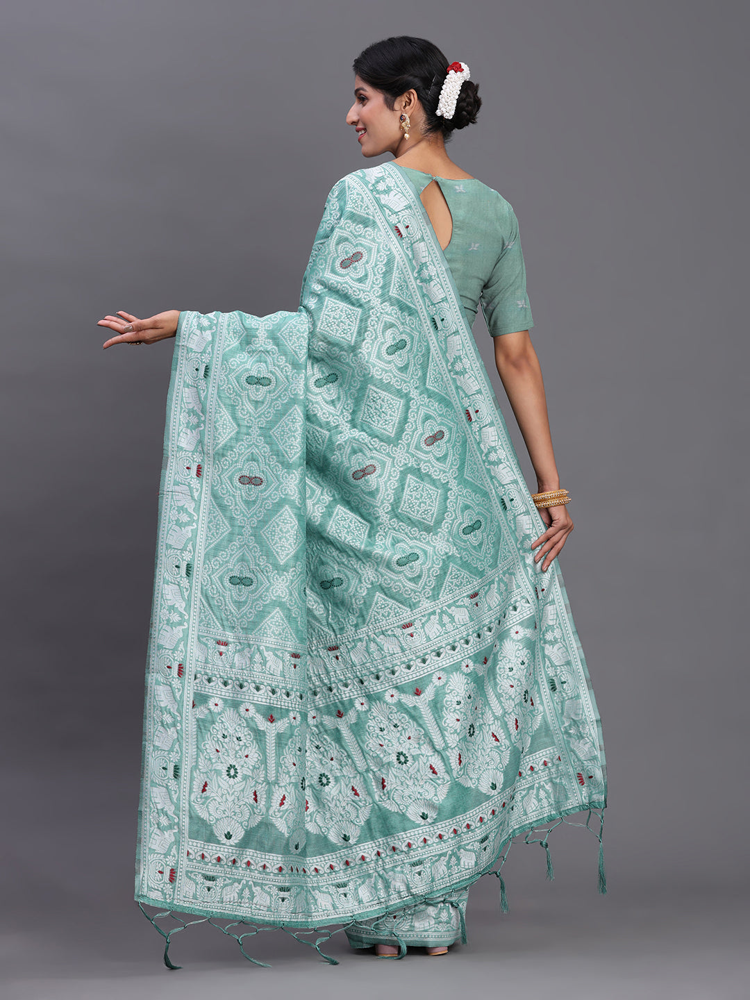 Sea Green Woven Jacquard Cotton Linen Saree with Intricate Traditional Motifs & Designer Tassel Pallu (Copy)