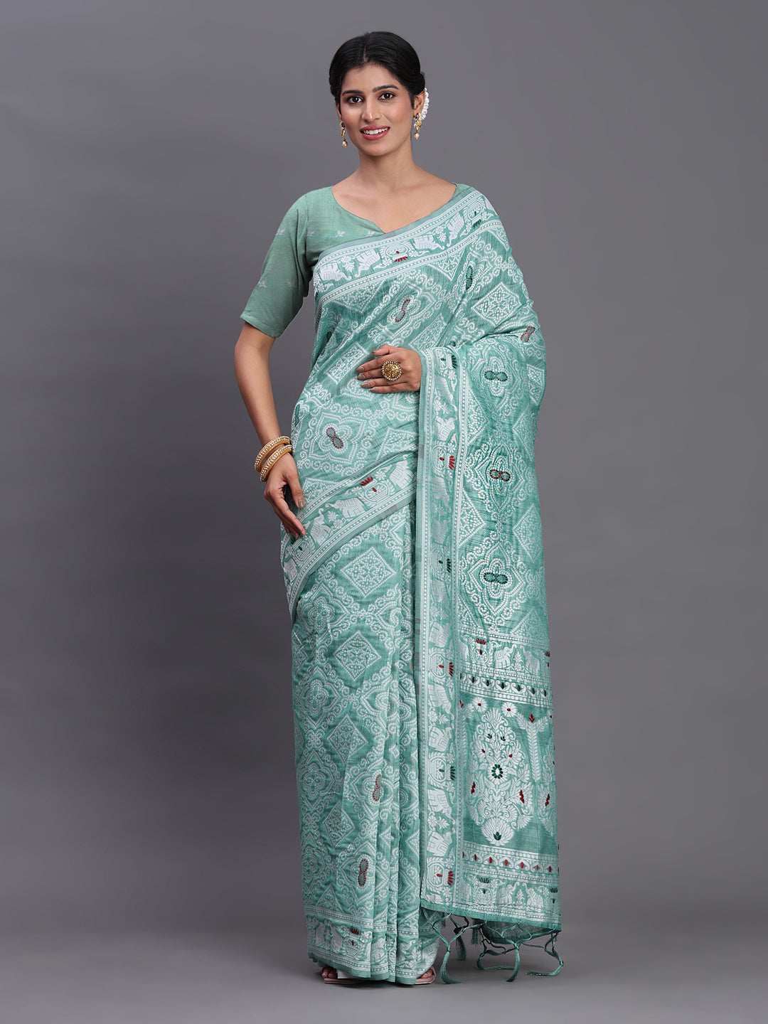 Sea Green Woven Jacquard Cotton Linen Saree with Intricate Traditional Motifs & Designer Tassel Pallu (Copy)