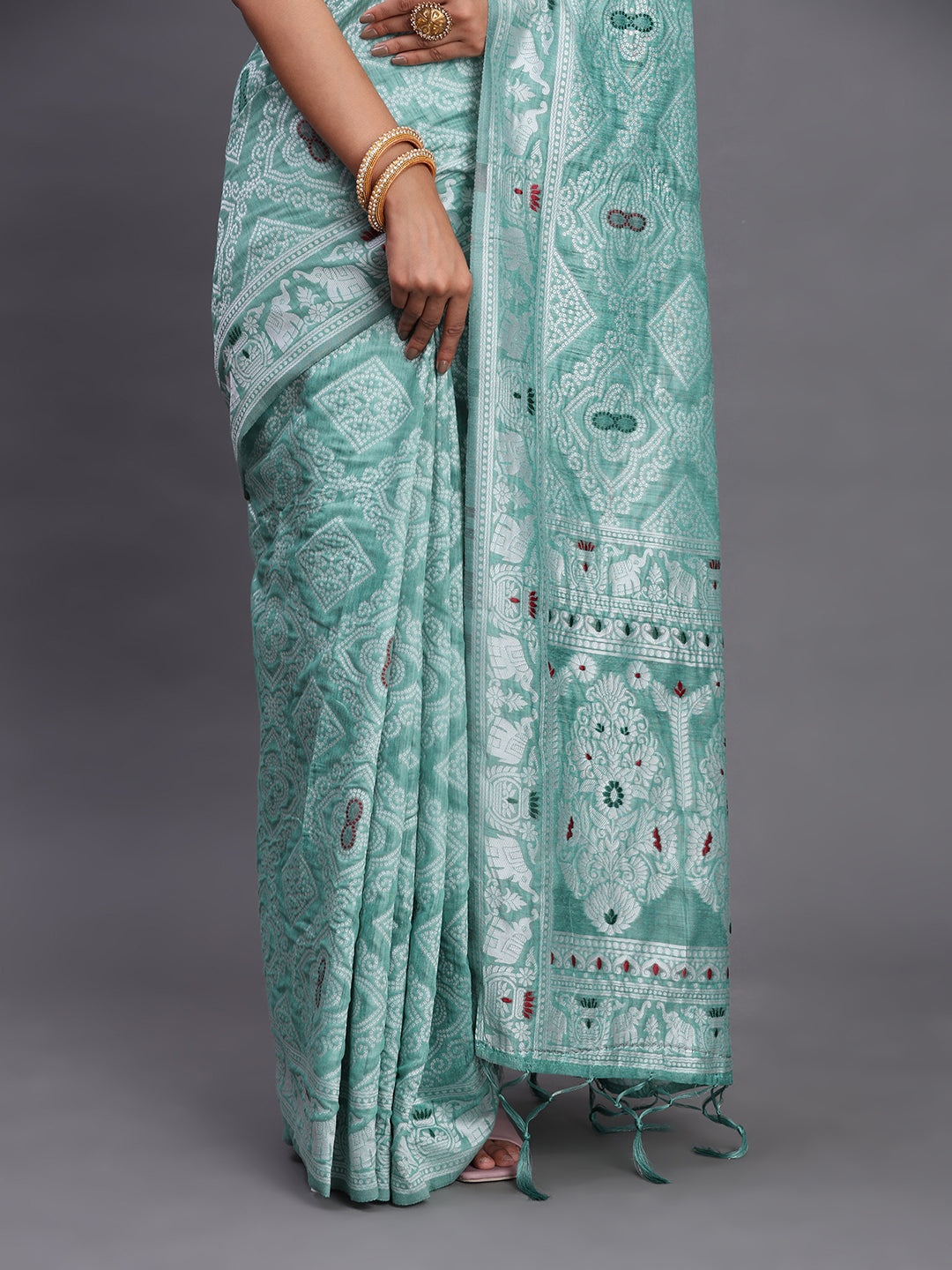 Sea Green Woven Jacquard Cotton Linen Saree with Intricate Traditional Motifs & Designer Tassel Pallu (Copy)