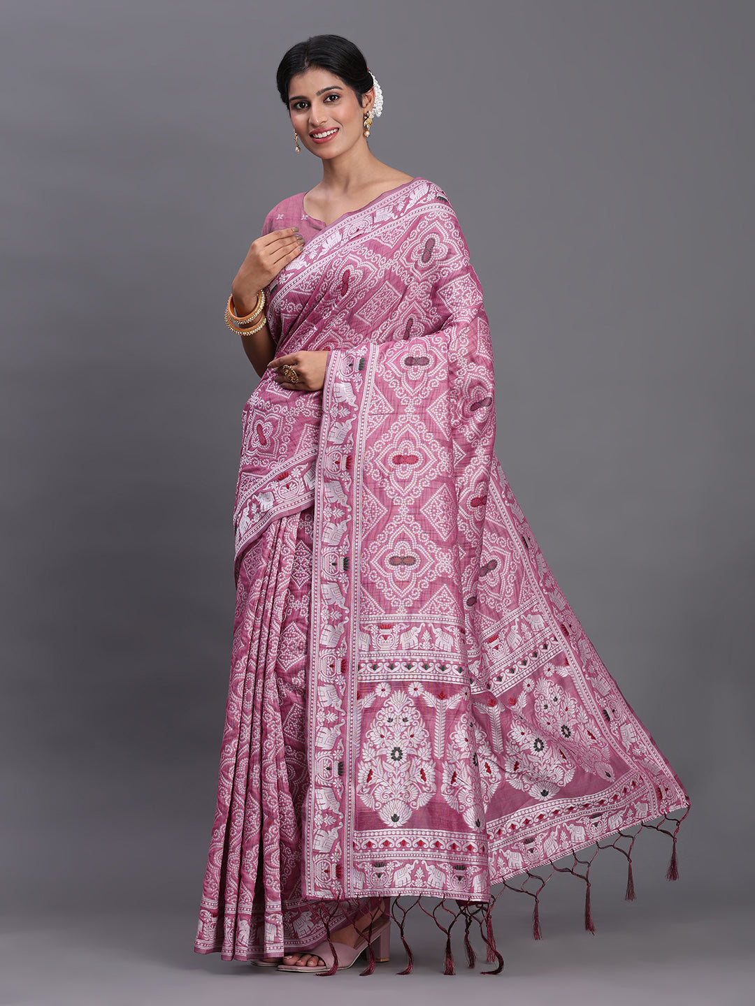 Purple Woven Jacquard Cotton Linen Saree with Intricate Traditional Motifs & Designer Tassel Pallu