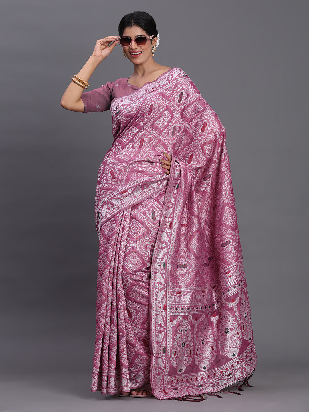 Purple Woven Jacquard Cotton Linen Saree with Intricate Traditional Motifs & Designer Tassel Pallu