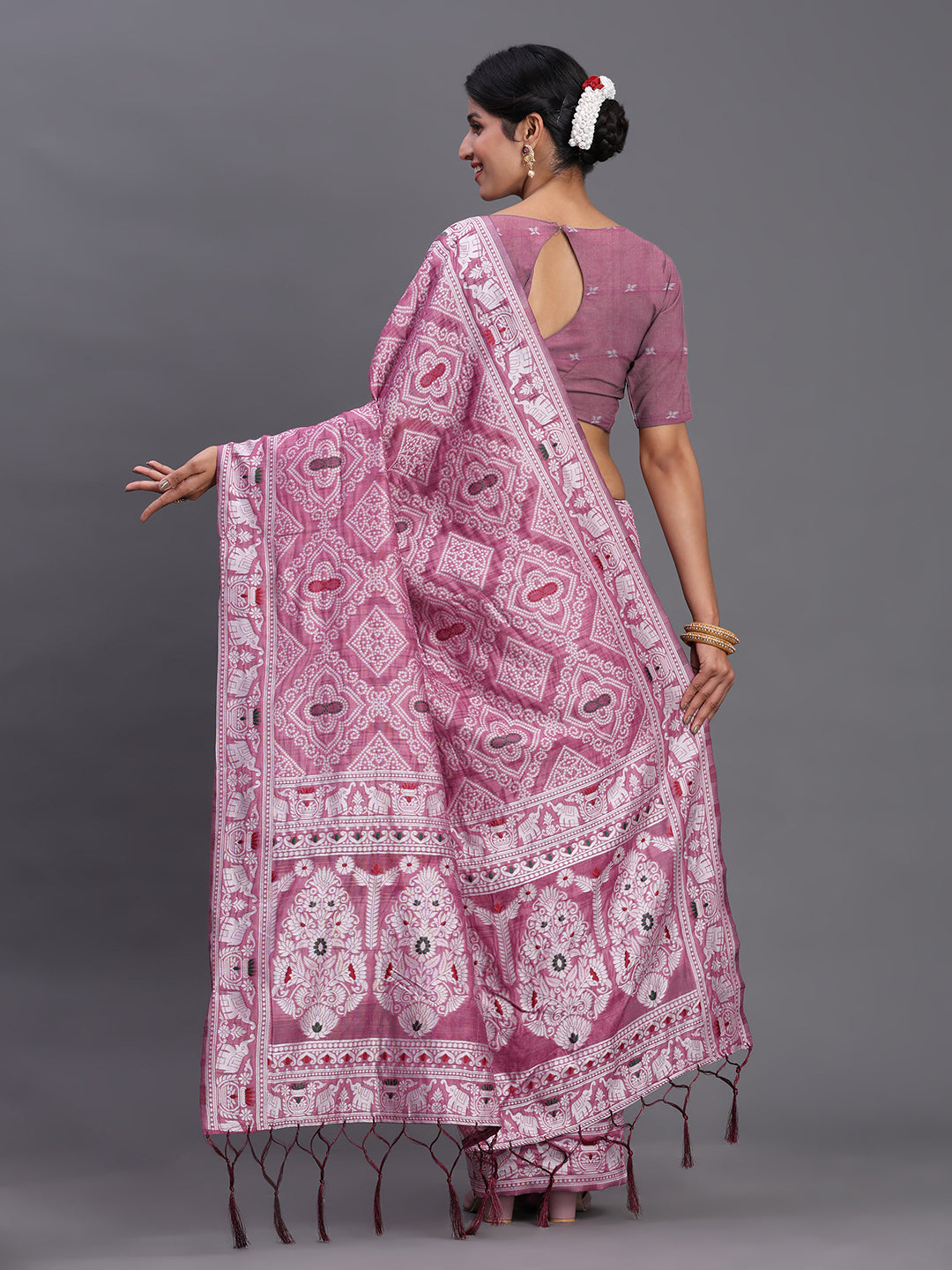 Purple Woven Jacquard Cotton Linen Saree with Intricate Traditional Motifs & Designer Tassel Pallu