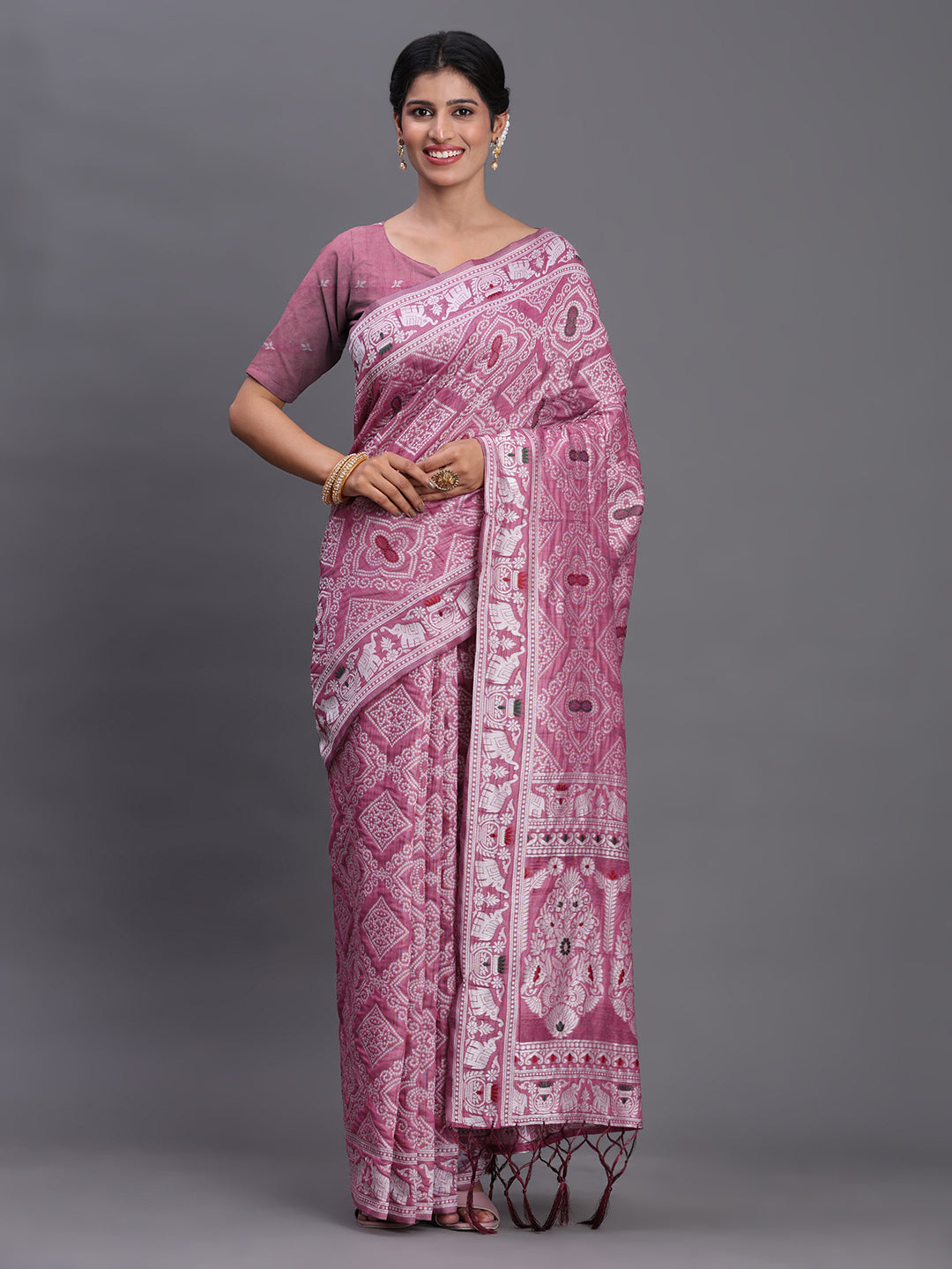 Purple Woven Jacquard Cotton Linen Saree with Intricate Traditional Motifs & Designer Tassel Pallu