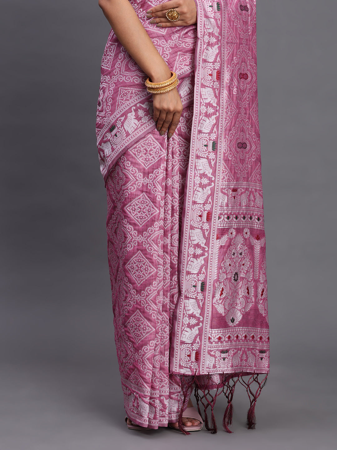 Purple Woven Jacquard Cotton Linen Saree with Intricate Traditional Motifs & Designer Tassel Pallu