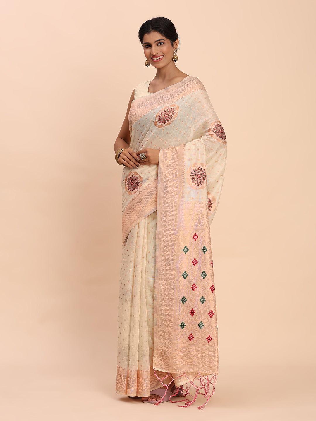 Offwhite Cotton Linen Woven Zari Jacquard Saree with Rich Pallu & Intricate Tassel Finish