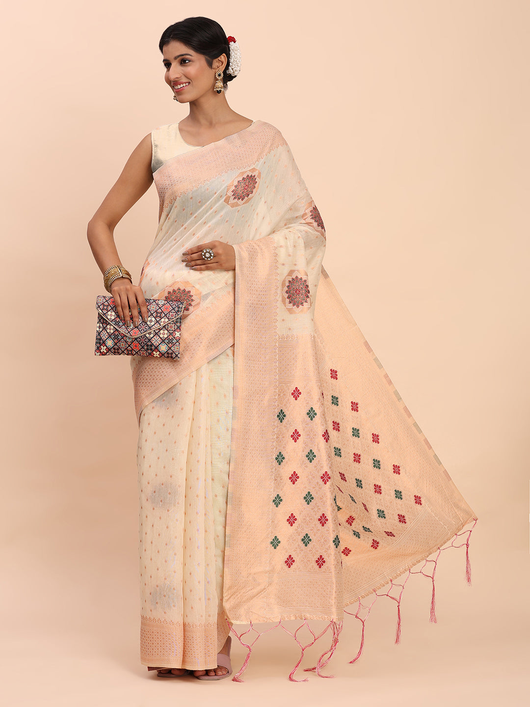 Offwhite Cotton Linen Woven Zari Jacquard Saree with Rich Pallu & Intricate Tassel Finish