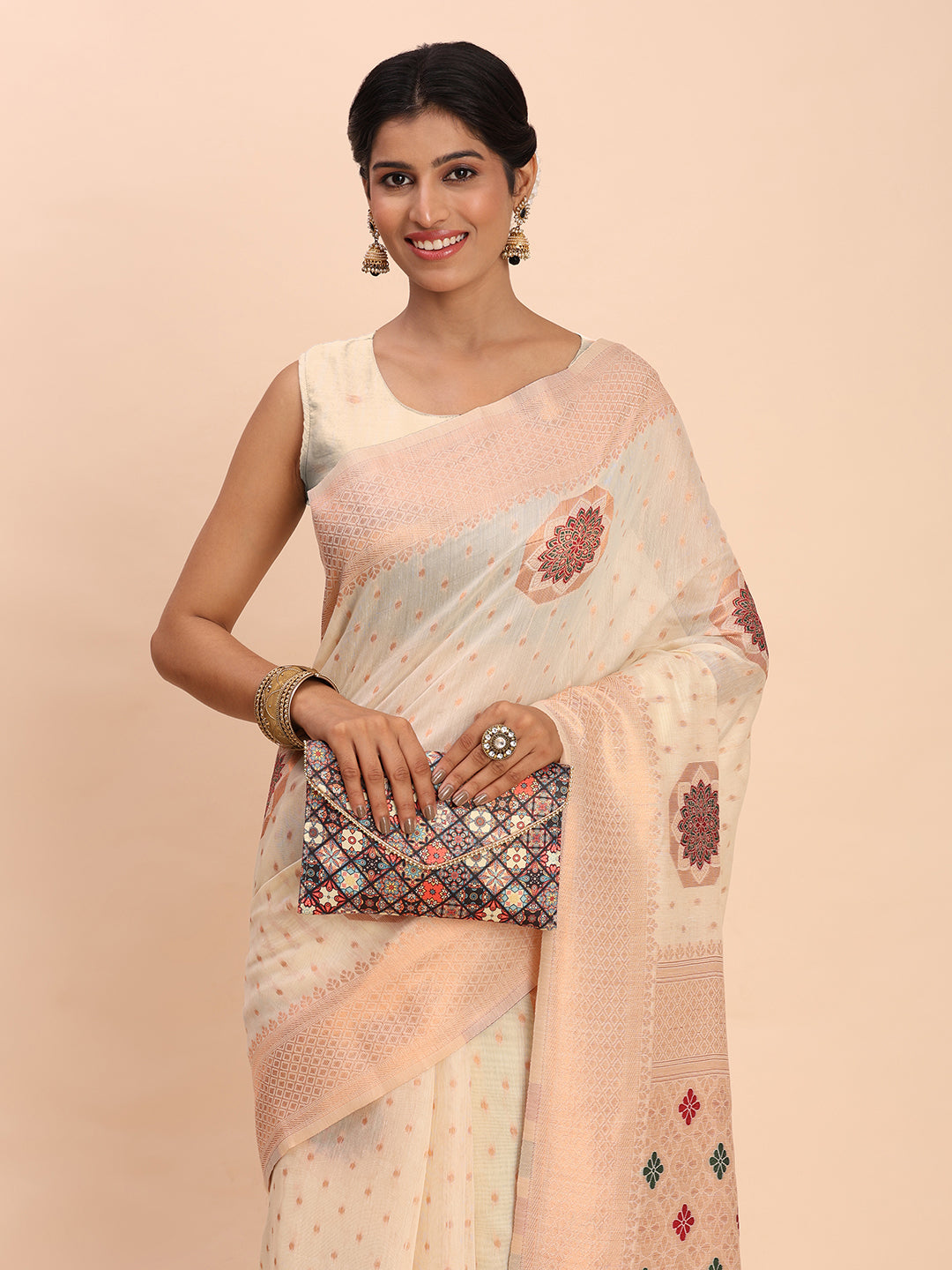 Offwhite Cotton Linen Woven Zari Jacquard Saree with Rich Pallu & Intricate Tassel Finish