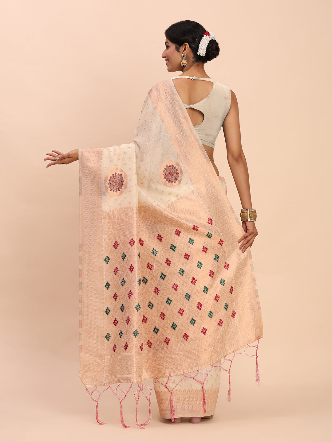 Offwhite Cotton Linen Woven Zari Jacquard Saree with Rich Pallu & Intricate Tassel Finish