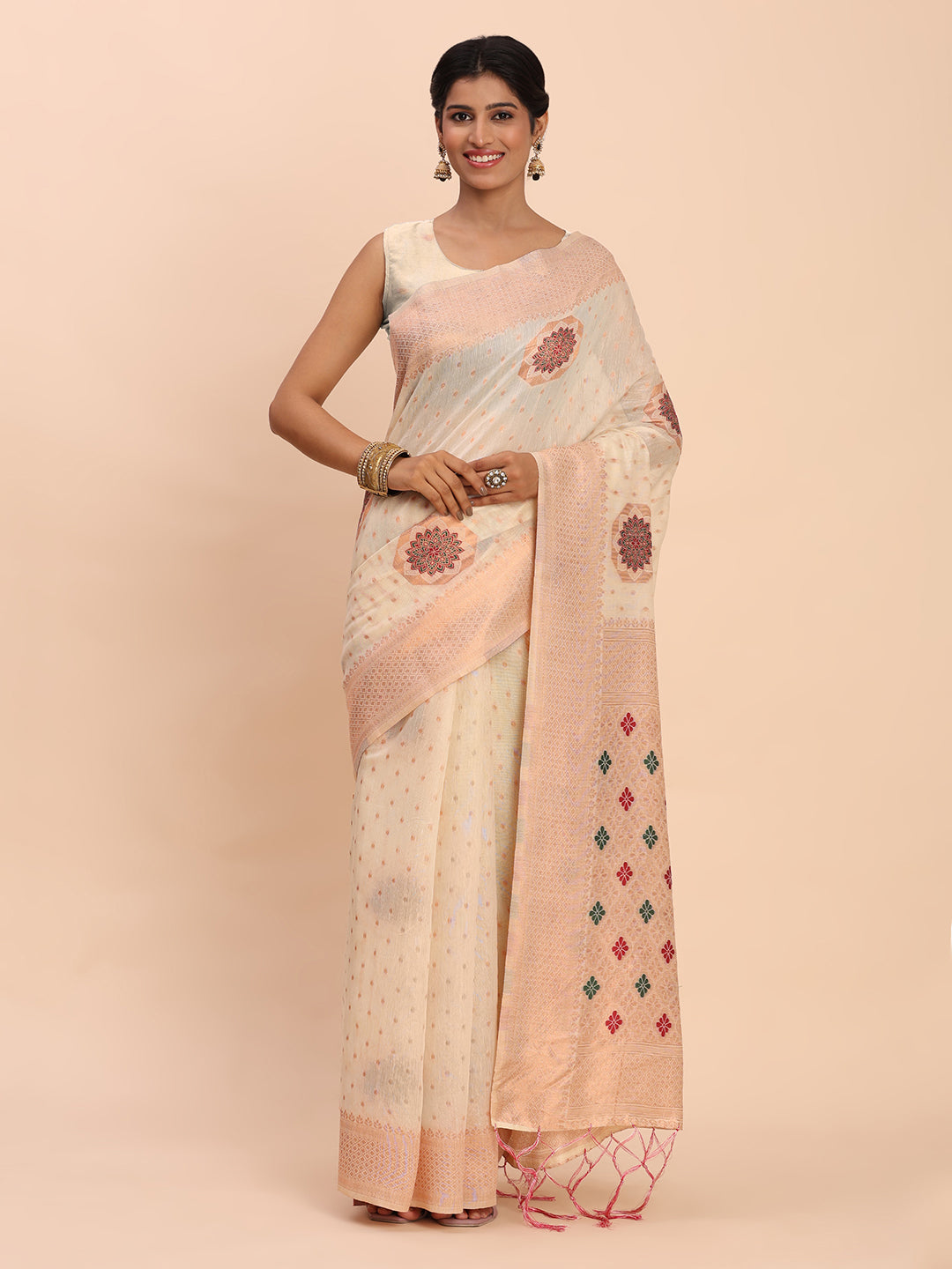 Offwhite Cotton Linen Woven Zari Jacquard Saree with Rich Pallu & Intricate Tassel Finish