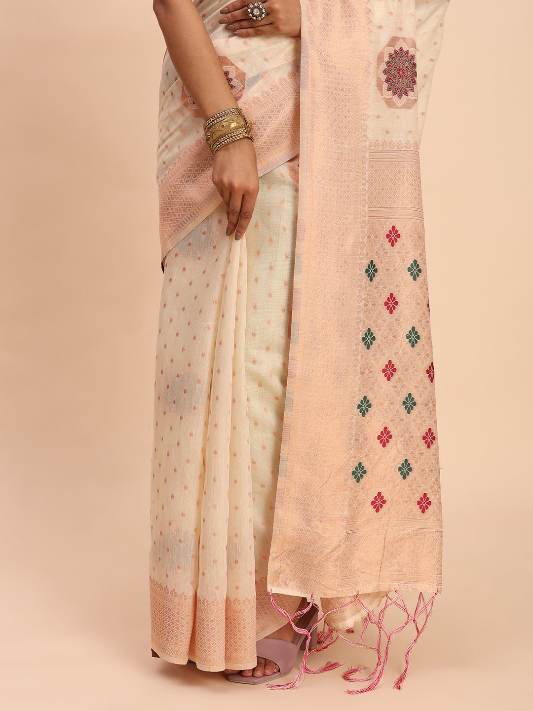 Offwhite Cotton Linen Woven Zari Jacquard Saree with Rich Pallu & Intricate Tassel Finish