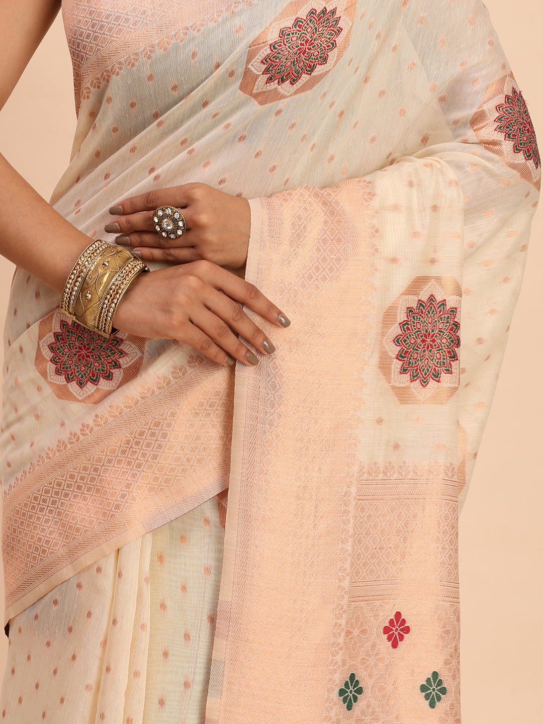 Offwhite Cotton Linen Woven Zari Jacquard Saree with Rich Pallu & Intricate Tassel Finish