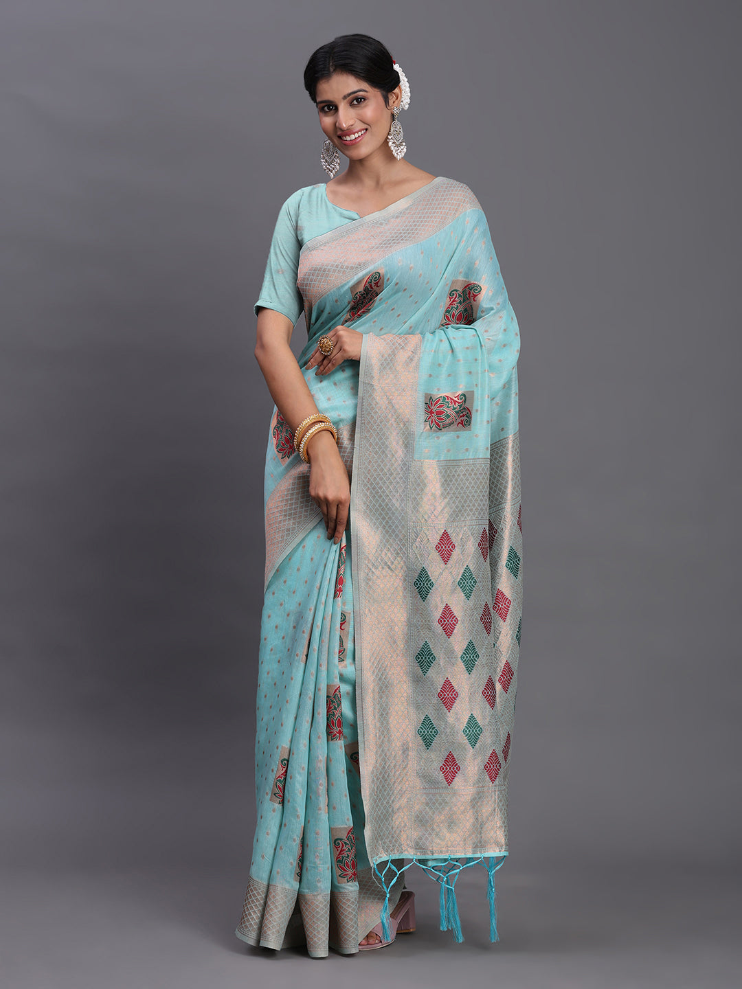 Skyblue Cotton Linen Woven Zari Jacquard Saree with Rich Pallu & Intricate Tassel Finish