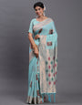 Skyblue Cotton Linen Woven Zari Jacquard Saree with Rich Pallu & Intricate Tassel Finish