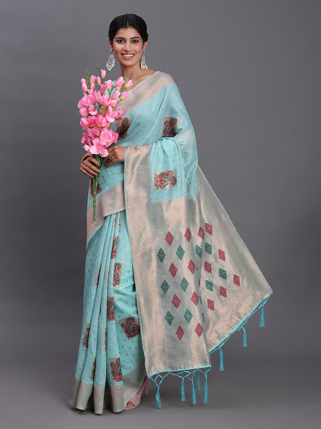 Skyblue Cotton Linen Woven Zari Jacquard Saree with Rich Pallu & Intricate Tassel Finish