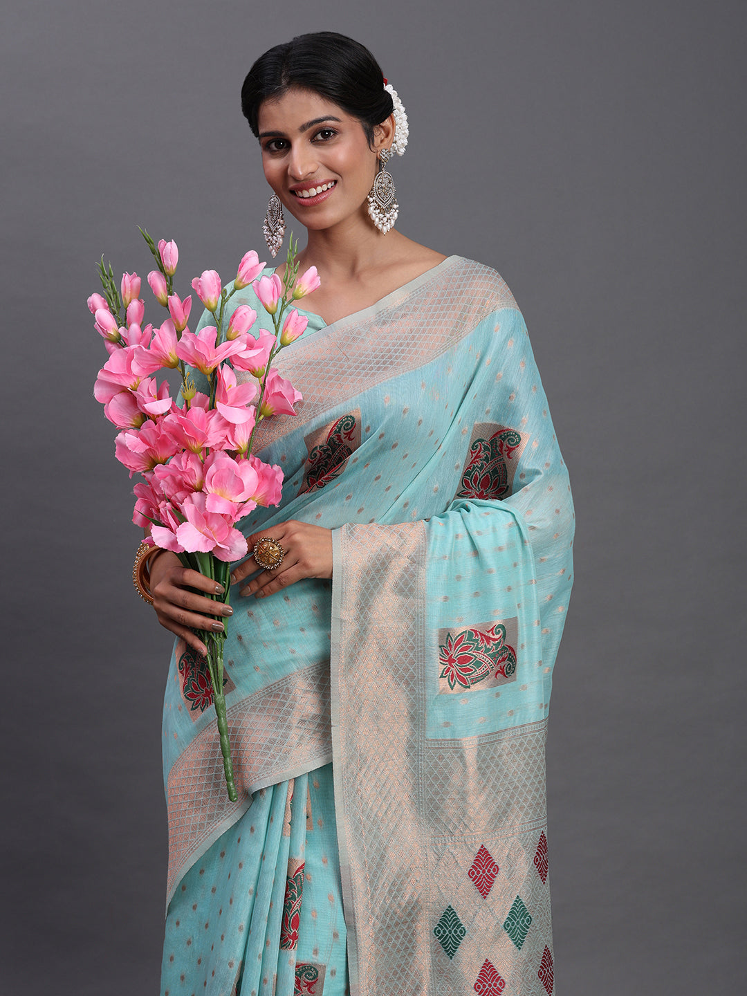 Skyblue Cotton Linen Woven Zari Jacquard Saree with Rich Pallu & Intricate Tassel Finish
