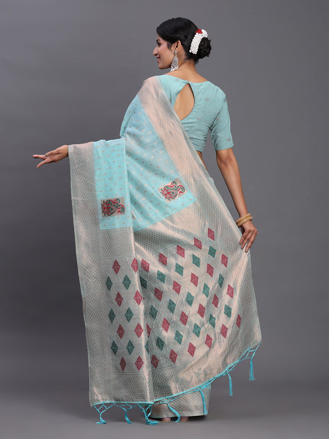 Skyblue Cotton Linen Woven Zari Jacquard Saree with Rich Pallu & Intricate Tassel Finish