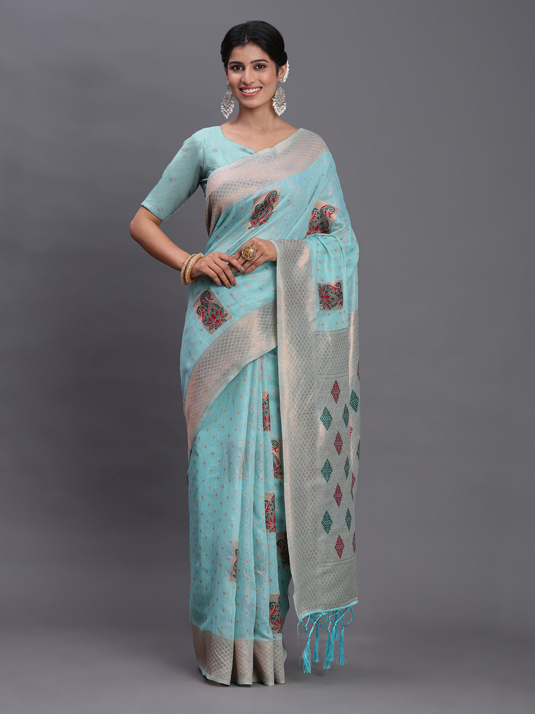 Skyblue Cotton Linen Woven Zari Jacquard Saree with Rich Pallu & Intricate Tassel Finish