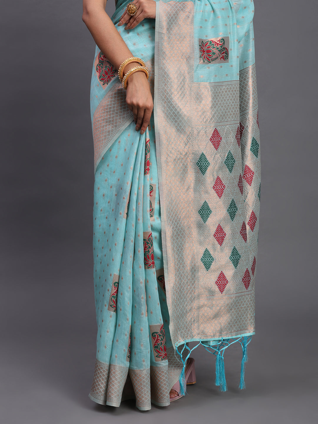 Skyblue Cotton Linen Woven Zari Jacquard Saree with Rich Pallu & Intricate Tassel Finish