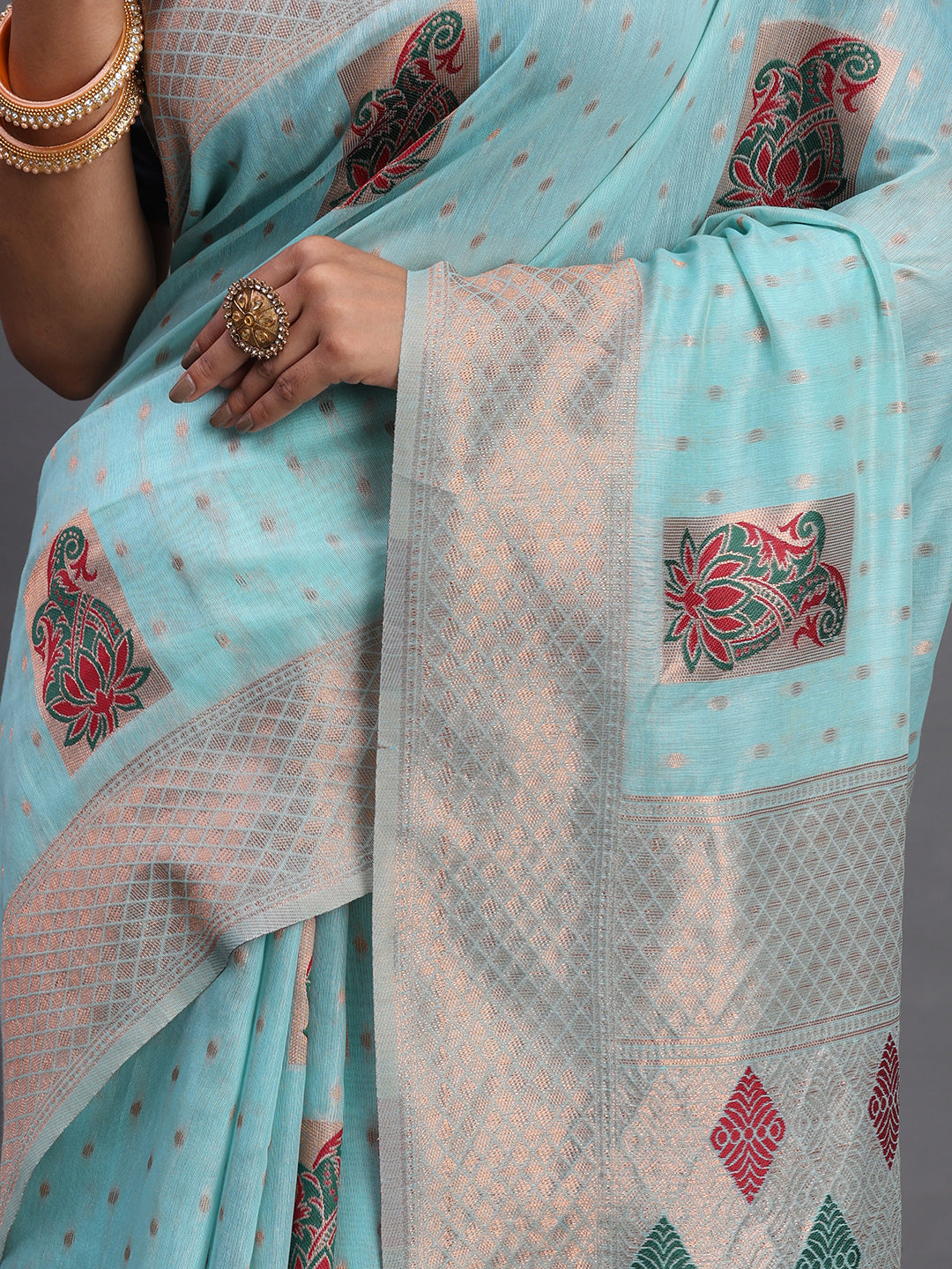 Skyblue Cotton Linen Woven Zari Jacquard Saree with Rich Pallu & Intricate Tassel Finish