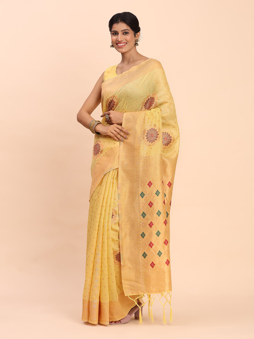 Yellow Cotton Linen Woven Zari Jacquard Saree with Rich Pallu & Intricate Tassel Finish