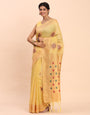 Yellow Cotton Linen Woven Zari Jacquard Saree with Rich Pallu & Intricate Tassel Finish