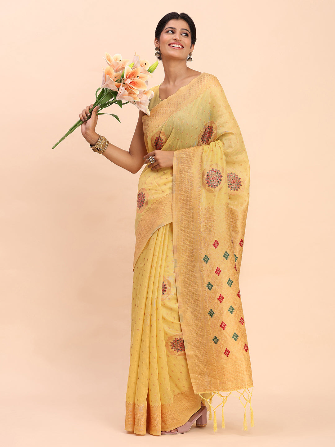 Yellow Cotton Linen Woven Zari Jacquard Saree with Rich Pallu & Intricate Tassel Finish