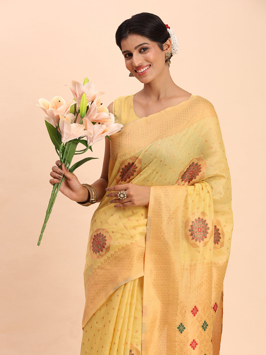 Yellow Cotton Linen Woven Zari Jacquard Saree with Rich Pallu & Intricate Tassel Finish