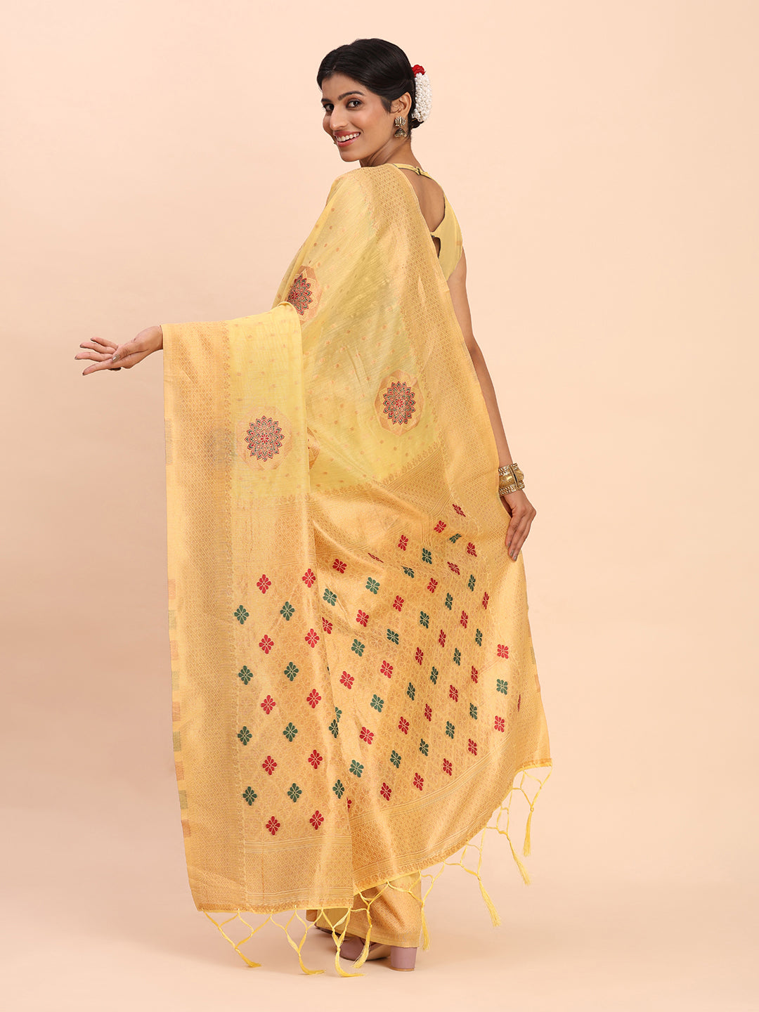 Yellow Cotton Linen Woven Zari Jacquard Saree with Rich Pallu & Intricate Tassel Finish