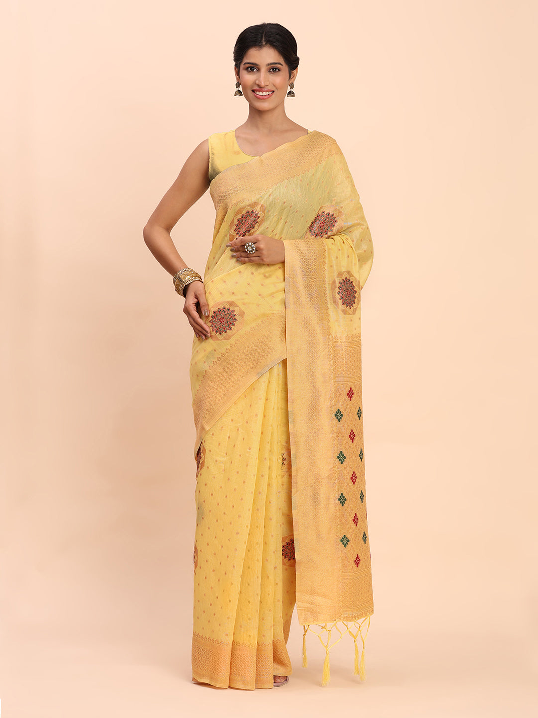 Yellow Cotton Linen Woven Zari Jacquard Saree with Rich Pallu & Intricate Tassel Finish