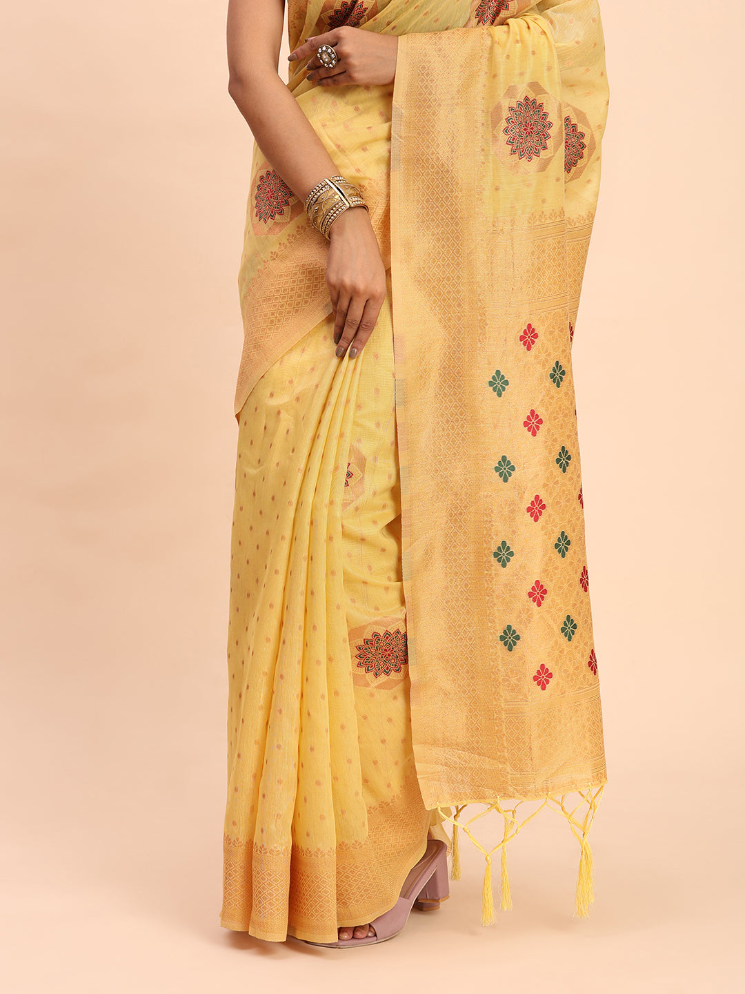 Yellow Cotton Linen Woven Zari Jacquard Saree with Rich Pallu & Intricate Tassel Finish