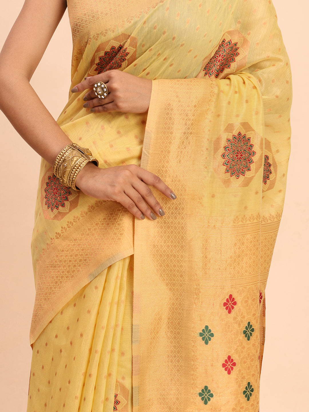 Yellow Cotton Linen Woven Zari Jacquard Saree with Rich Pallu & Intricate Tassel Finish