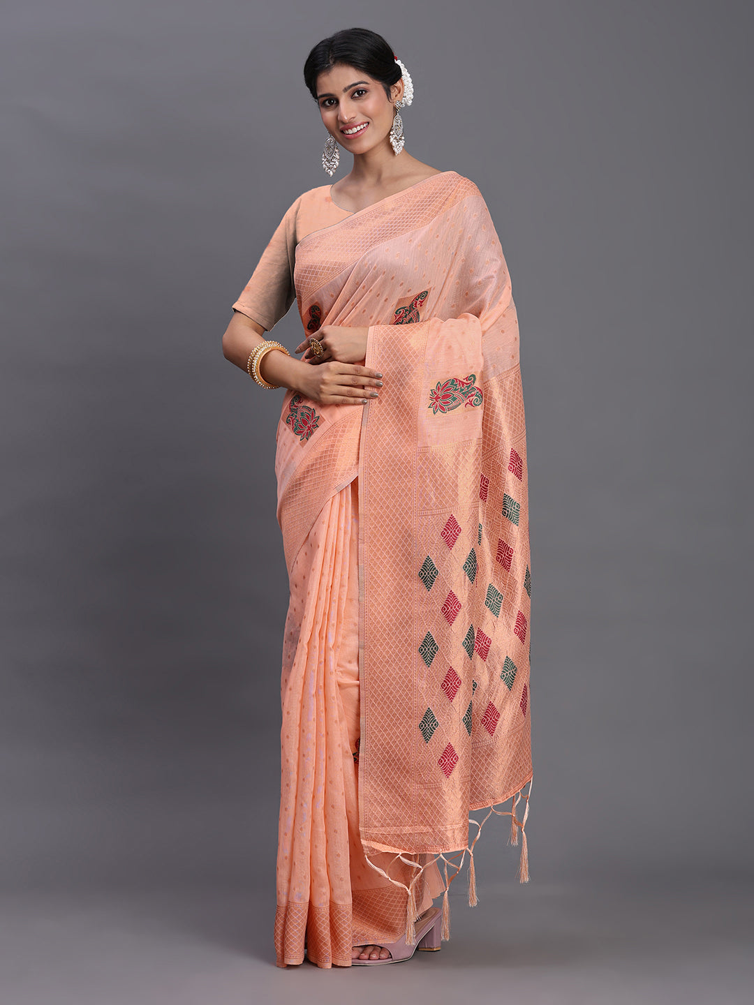 Peach Cotton Linen Woven Zari Jacquard Saree with Rich Pallu & Intricate Tassel Finish
