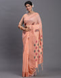 Peach Cotton Linen Woven Zari Jacquard Saree with Rich Pallu & Intricate Tassel Finish