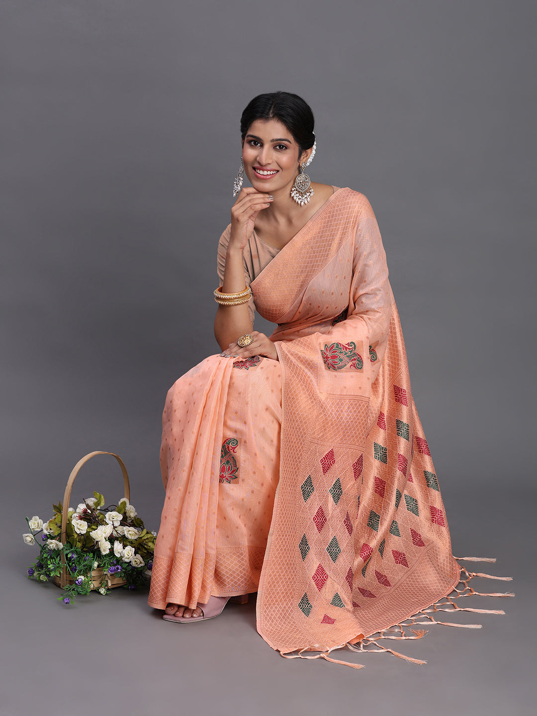 Peach Cotton Linen Woven Zari Jacquard Saree with Rich Pallu & Intricate Tassel Finish