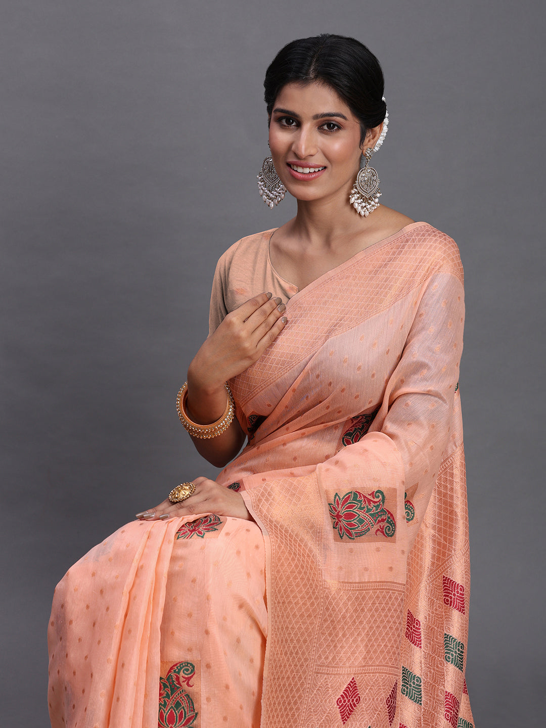 Peach Cotton Linen Woven Zari Jacquard Saree with Rich Pallu & Intricate Tassel Finish