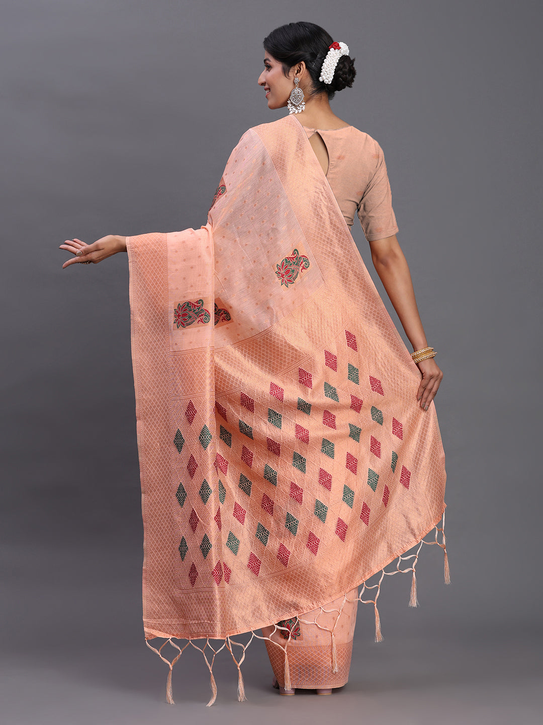 Peach Cotton Linen Woven Zari Jacquard Saree with Rich Pallu & Intricate Tassel Finish