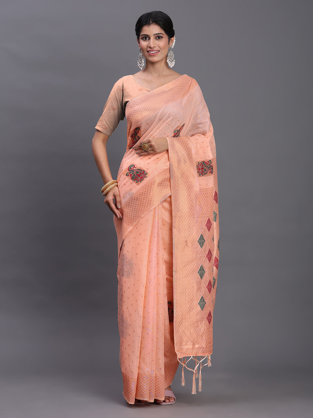 Peach Cotton Linen Woven Zari Jacquard Saree with Rich Pallu & Intricate Tassel Finish